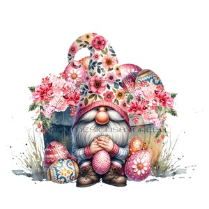 Roze paaskabouter & mooie paaseieren vullen een metalen kuip - Spring Gnome sublimatiebestand - Wildflower Clipart-eenvoudige digitale download