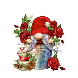 Christmas Gnome in Metal Tub - Vintage Tea Cup, Red Roses, & Holly PNG - Whimsical Sublimation Design - Christmas Clipart - Digital Download