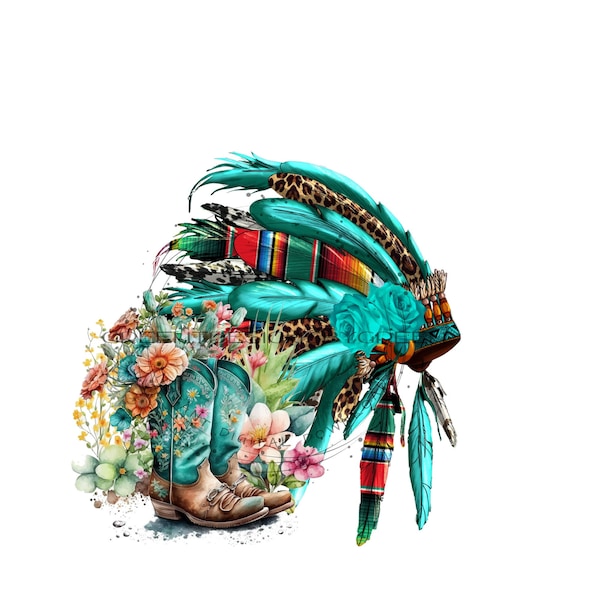 Native American Headdress PNG with Cowboy Boots and Floral Accents - Western Inspired Clipart