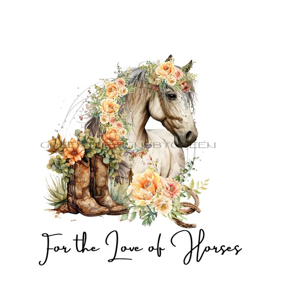 Majestic Grey Horse Sublimation PNG - Pastel Peach Floral Explosion - Floral Horse's Mane - Western Cowboy Boots and Cactus Accents Clipart