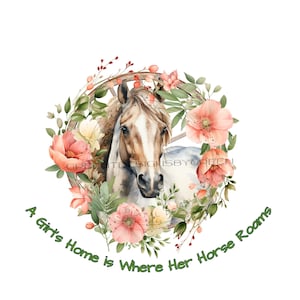 Clipart équestre enchanteur - « La maison d'une fille est où son cheval erre » - beau cheval PNG - couronne de fleurs-roue de chariot - téléchargement PNG