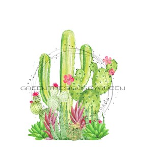 Saguaro, fico d'india e piante grasse PNG - fiori rosa - File di sublimazione del cactus del deserto - JPG stampabile incluso - Download digitale
