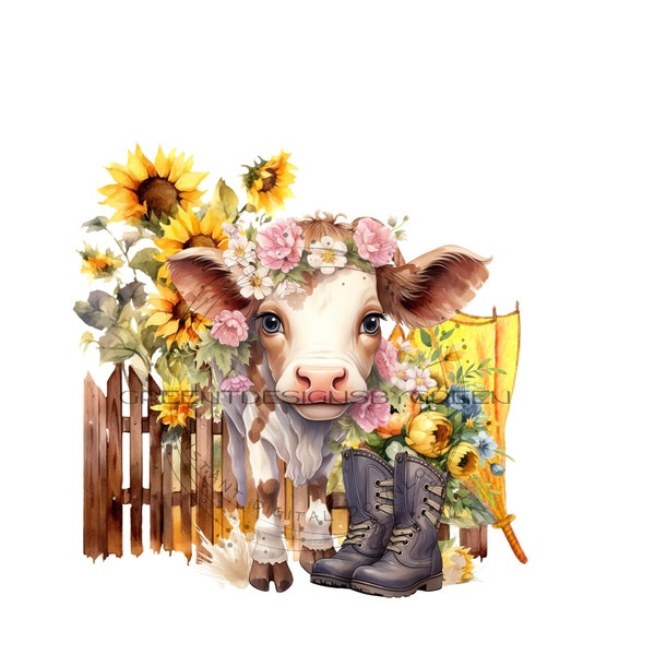 Cute Calf Sublimation PNG, Image embellished with garden fence, bright yellow sunflowers, rain boots & yellow umbrella. Digital Download