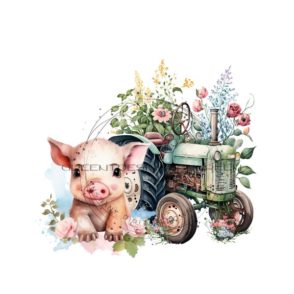 Whimsical Piglet Clipart - Floral Green Vintage Tractor Background - Sublimation PNG & Printable JPG - Digital Download