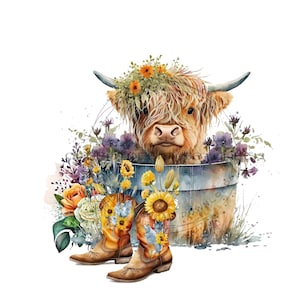 Highland Cow in Metal Tub PNG - Adorable and Cute Longhaired Cow Clipart - Digital Download