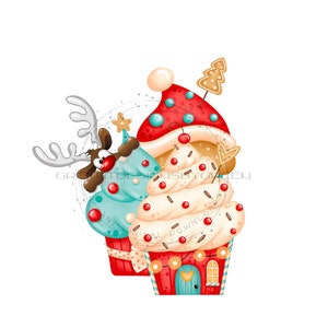 Weihnachts Cupcakes PNG - Festliches Sublimationsdesign - Lebkuchenhaus, Rentier, Nikolausmütze, Weihnachtsplätzchen - Digital Download