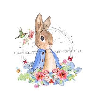 Peter Rabbit PNG, flower clipart, bunny sublimation download, Peter Rabbit clipart, bunny sublimation graphic, floral PNG, spring clipart.