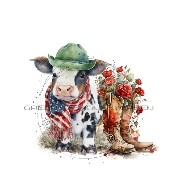 Americana Farm Life - Patriotic Dairy Cow Sublimation PNG - Red & White Floral Accents - Digital Download