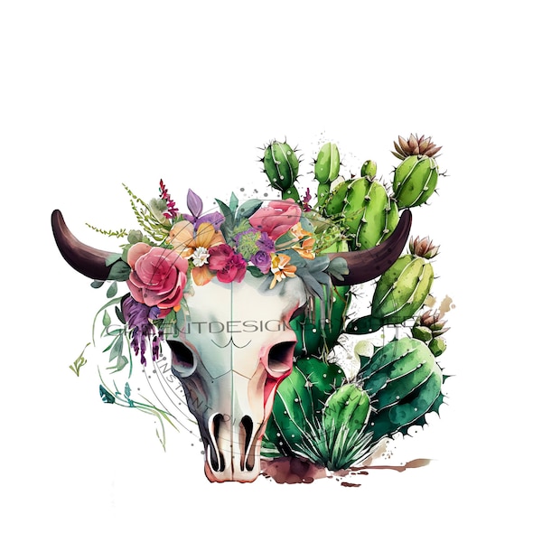 BoHo Cow Skull, Cactus & Flowers PNG - Desert Oasis Clipart - Sublimation PNG and Printable JPG Formats - Instant Digital Download