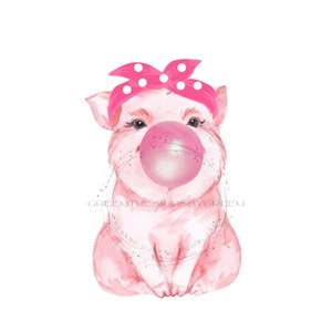 Entzückende Schwein mit rosa Schleife Blows Bubble Gum Clipart - Sublimation PNG & Printable JPG - Instant Download