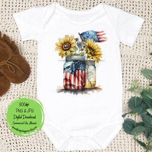 May include: A white baby onesie with a design of two mason jars with sunflowers and an American flag. The jars are filled with a watercolor design of the American flag.