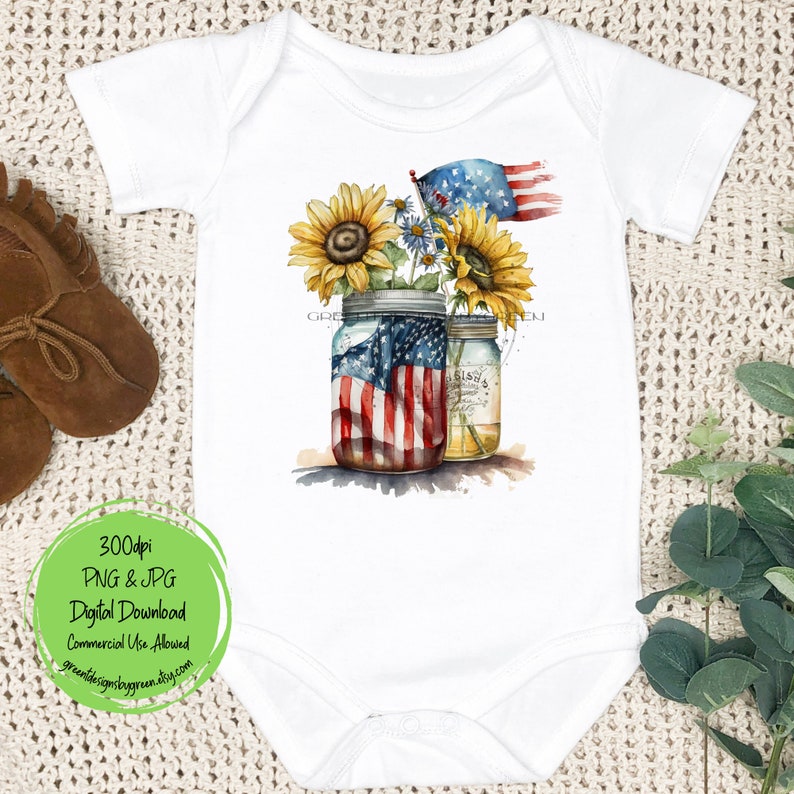 May include: A white baby onesie with a design of two mason jars with sunflowers and an American flag. The jars are filled with a watercolor design of the American flag.