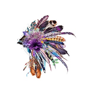 May include: A purple and blue headdress with feathers and flowers. The headdress is decorated with beads and other embellishments.