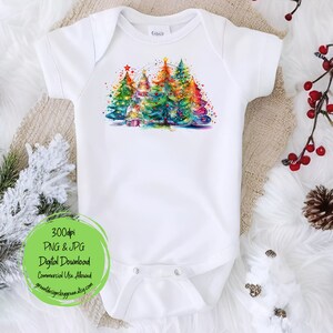 May include: A white baby onesie with a colorful watercolor design of Christmas trees with ornaments and lights.