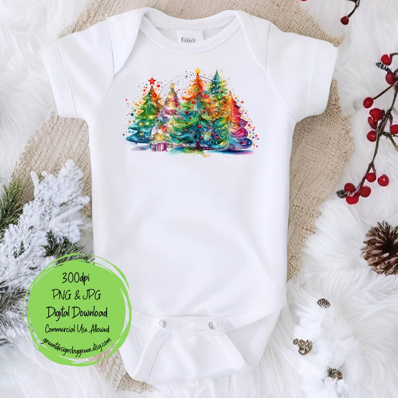 May include: A white baby onesie with a colorful watercolor design of Christmas trees with ornaments and lights.