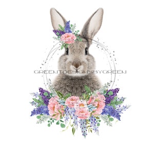 Hase PNG mit Krone aus rosa Blumen zur Sublimation, Hase PNG-Dateien, Hase Sublimation, Ostern Clipart PNG, Sublimation Lila Download