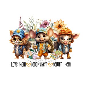 Terug naar school png-bestand: schattige scholieren van katten, muizen en koeien "Love Them, Teach Them, Return Them"- png voor sublimatie-digitale download