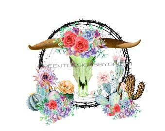 Boho Cow Skull PNG, Pink Flowers, Cactus (Digital Download)
