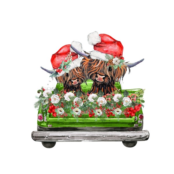 Long haired cow PNG/JPG clipart, Christmas Highland holiday cow PNG, Western Cow sublimation, Vintage Truck Png, Holiday Season clipart.