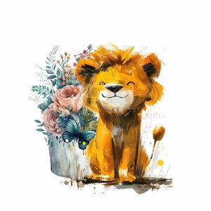 笑顔のライオンのクリップアート昇華 - 気まぐれで気楽なライオン - 心温まるイラスト - ワイルドフラワー昇華 - 印刷可能なJPG - デジタルダウンロード