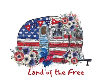 Patriotic Retro Camper Sublimation PNG - 'Land of the Free' Clipart - Vintage American Theme Digital Download