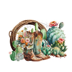 PNG occidental, diseño de sublimación de cactus, gráficos de cactus, imágenes prediseñadas de bota de vaquero, imagen del desierto, descarga digital