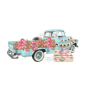 Vintage 'Just Married' Abenteuer Clipart - rustikaler blauer Bauernhof LKW, Blumenschmuck, Gepäck - PNG & druckbare JPG - digitaler Download