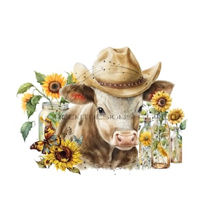 Cow PNG, cute cow sublimation, rustic truck, Western cow and sunflower clipart cowboy hat clipart, calf PNG download, sunflower sublimation.