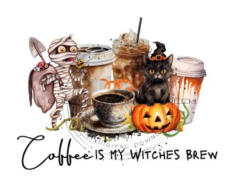 Clipart de café de Halloween: Momia, gato y calabaza (descarga digital PNG)