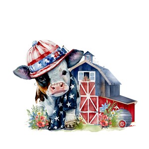 May include: A watercolor painting of a calf wearing a red, white, and blue hat and scarf, standing in front of a red barn with a blue roof. The calf is looking at the viewer.