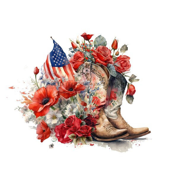 Western Patriotic Sublimation PNG - Red Boots, Red White Blue Flowers, American Flag - Digital Download