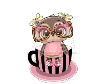 Akvarelluggla PNG, tekopp Clipart, djursublimering (digital nedladdning)