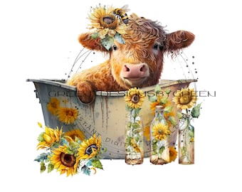 Highland Cow PNG Cow Watercolor Clipart Cute Cow Sublimation Metal Tub ...