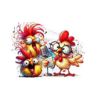 Skurrile Huhn-Sublimation PNG – Lustige singende Hühner mit Musiknoten und Mikrofon-singender und tanzender Hahn-Sublimation