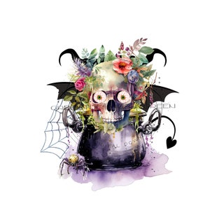 Skurrile gruselige Clipart - Schädel im Kessel, Florale Akzente, Spinne & Web, Teufel - Sublimation PNG und druckbare JPG - Digitaler Download