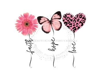 Fé Esperança Amor PNG – Coração de Leopardo Rosa, Borboleta, Flor (Download Digital)