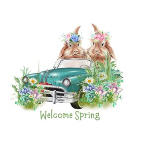 Hase PNG, Kaninchen im Cabrio Clipart, Oldtimer Sublimation, Kaninchen PNG, Osterhase Sublimation, Osterkaninchen PNG ""Welcome Spring"""