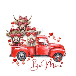 Vaca de las tierras altas PNG de San Valentín, camión rojo vintage PNG, diseño de corazón "Be Mine", vaca divertida del oeste para San Valentín por sublimación, imagen de amor de alta resolución