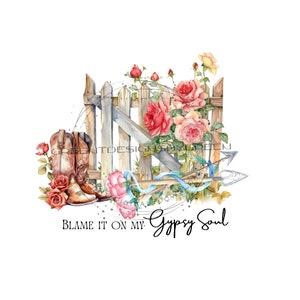Archivo PNG de flecha boho. Flecha "Culpa a mi alma gitana" con rosas y sublimación de fernce, archivo digital PNG, bota de vaquero PNG para sublimación