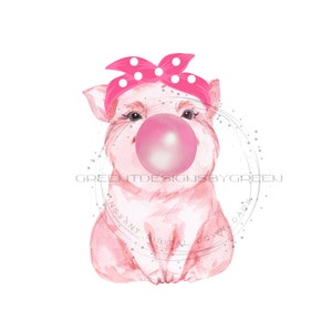 Adorable Pig with Pink Bow Blowing Bubble Gum Clipart - Sublimation PNG & Printable JPG - Instant Download