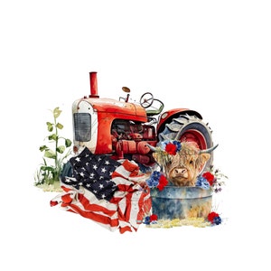 May include: A red vintage tractor with an American flag draped over it. A Highland cow with a flower crown is peeking out of a blue bucket.
