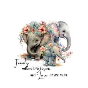 Elefant PNG download, Elefantenfamilie PNG, wilder Elefant PNG, "Familie, wo das Leben beginnt und die Liebe niemals endet" Blumen Clipart
