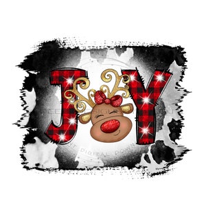 Vakantie &quot;Vreugde&quot; PNG/JPG, rendieren PNG, koe print achtergrond, Rode geruite vakantie tekst, Joy sublimatie, Kerstdag Png, Winter Christmas Png.