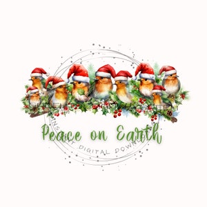 Oiseaux rouges de Noël fantaisistes au sommet d'une branche d'arbre en sublimation PNG - oiseaux de vacances en bonnets de père Noël Clipart « Paix sur la terre » PNG en téléchargement numérique