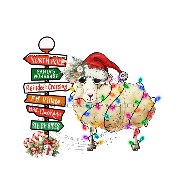 Funny Christmas Sheep Clipart, North Pole Sublimation PNG, Christmas Lights, Presents, Candy Canes, Flowers, Santa Hat, Digital Download