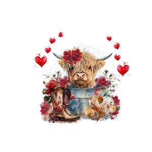 Valentine PNG Highland Kuh Clipart, PNG rotes Herz, Western Herz Design, Cowboystiefel und Hut Valentine Sublimation, Liebe Hi-Res Bild