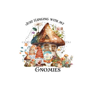 Suspendu avec mes Gnomies Clipart - Maison aux champignons, fleurs, cacao chaud et café - Automne Automne Sublimation PNG - Téléchargement numérique