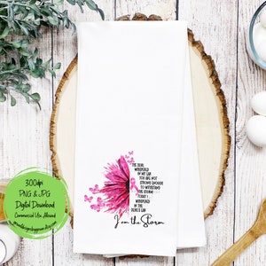 May include: A white kitchen towel with a pink watercolor flower design and the text "The devil whispered in my car you are not strong enough to withstand the storm today I whispered in the devil's ear I am the storm".