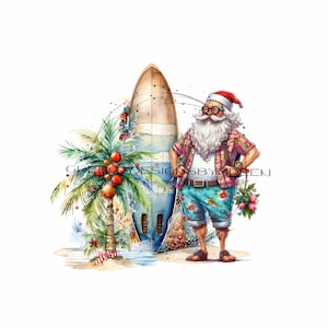 Whimsical Christmas Beach Sublimation PNG-Humorous Santa with Surf Board, Tropical Shirt & Palm Tree Clipart - Digital Download