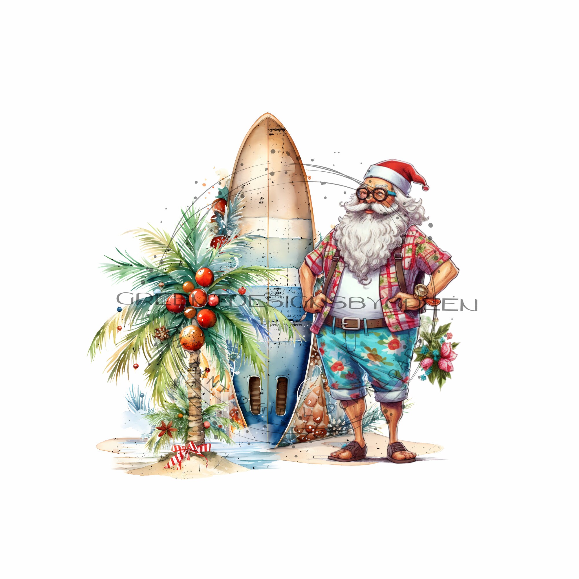 Grillige kerst strand sublimatie PNG-humoristische kerstman met surfplank, tropisch shirt en palmboom clipart - digitale download